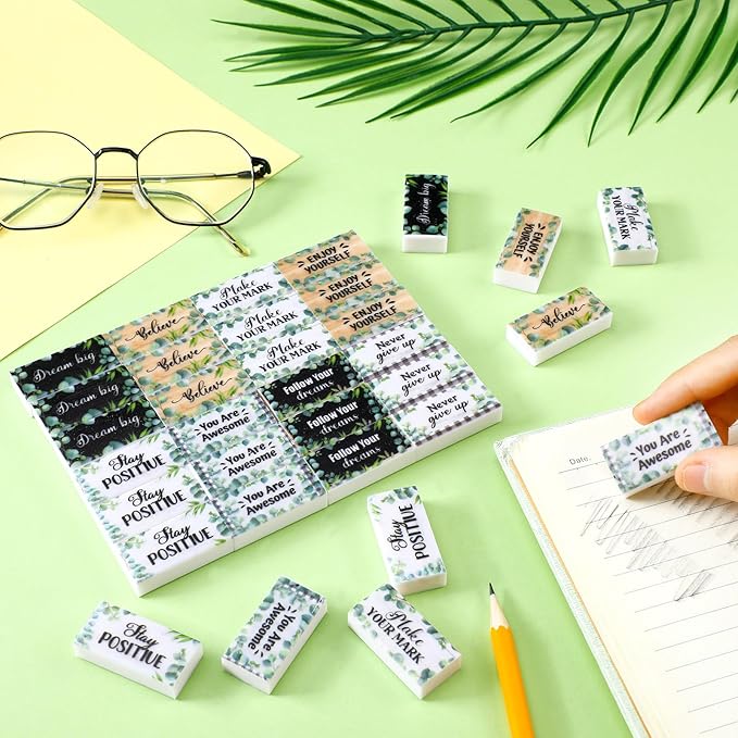 100 Pcs Inspirational Pencil Erasers Bulk for Kids Fun Motivational Eraser School Supplies Back to School Office Supplies for Classroom Office Teacher Artists (Eucalyptus Leaf)