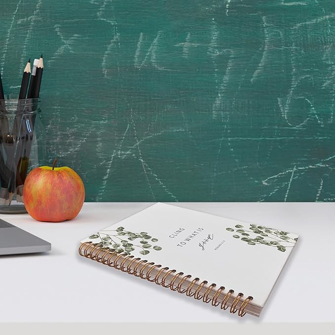 VNWEK Bible Scripture Romans 12:9 Cling to What is Good Motivational Eucalyptus Leaf Spiral Notebook Journal 5.5 x 8.3 inches,Christian Lined Hardcover Spiral Notebook,Christian Gifts