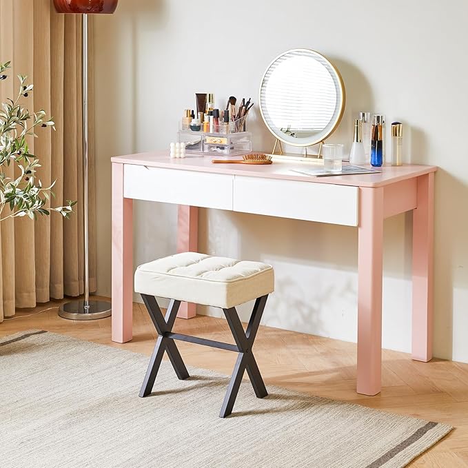 IBUYKE Square Makeup Stool with X-Leg Foot Rest, Linen Footrest, Ottoman Seat, Multi-Use as Small Side Table, for Bedroom, Living Room, Linen LG-70Y