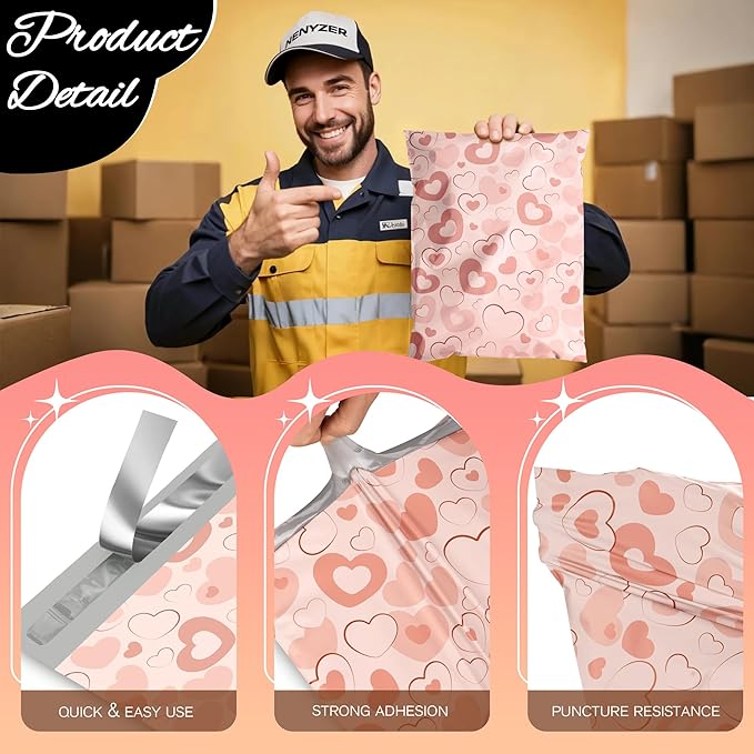 Pink Heart Poly Mailer 10x13 Inch 100 Pcs, Waterproof Shipping Bags for Clothing, Tear-Resistant Mailier Bags, Strong Mailing Bags with Self-Seal