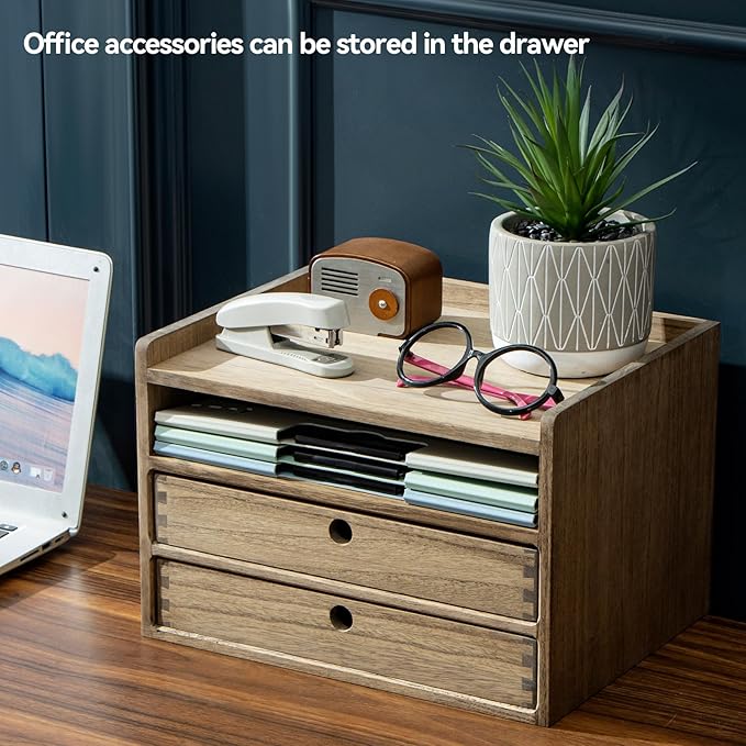KIRIGEN Desktop Organizer Cabinet With 2 Drawers & Tray - Wood Office Desk Storage Shelf for Office Supplies - Small Cabinet for Countertop Accessories Storage 3 Layer Dark Brown（DT3D2C-DBR）