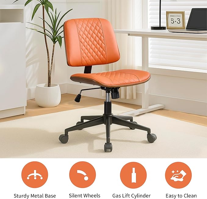 Armless Orange Home Office Chair – Mid-Back PU Leather, Adjustable Height Desk Chair with Swivel Wheels, Walnut Frame for Small Space Study or Bedroom