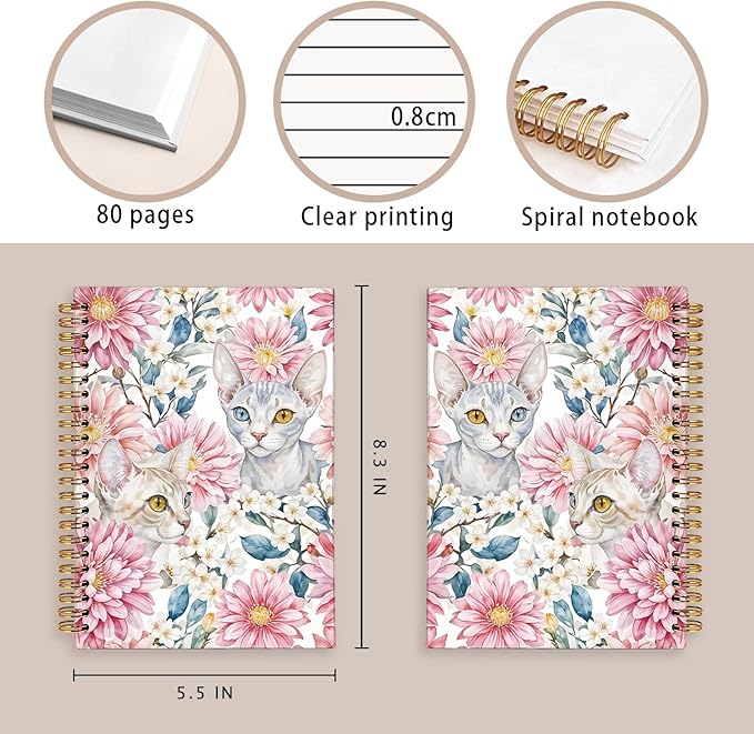 Sphynx Cat Notebook Journal, Cat Lover Gifts for Women Men, funny Black Cat Gifts for Girls, Pink Floral Cat Peel Spiral Notebook, Cat Notepad 5.5x8.3 Inch