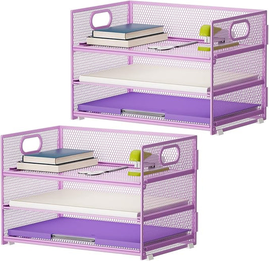 Marbrasse 3 Tier Paper Organizer Letter Tray, Mesh File Organizer with Handle, Paper Sorter Desk Organizer for Home Office Supplies - 2p Purple
