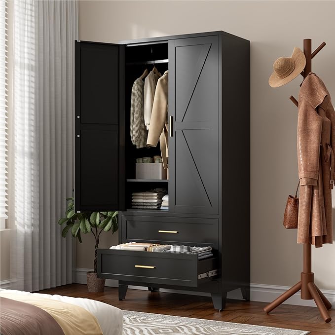 71" Tall Metal Wardrobe Cabinet with 2 Drawers and Hanging Rod, 2 Doors Armoire Wardrobe Closet with Shelf for Bedroom, Office, Laundry Room, Black