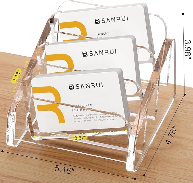 SANRUI Acrylic Business Card Holder for Desk, 3 Tier Clear Tilt Business Name Card Display Holders Stand Storage Organizer Fits 180 Business Cards (Horizontal, 3-Slot)