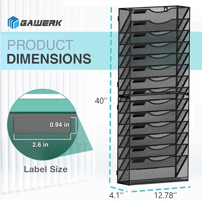 15-Tier Wall File Organizer Hanging Wall File Holder Wall Mount Paper Folder Organize, Mesh Magazine Document Mail Organizer Wall Organizer for Office School Home, Black