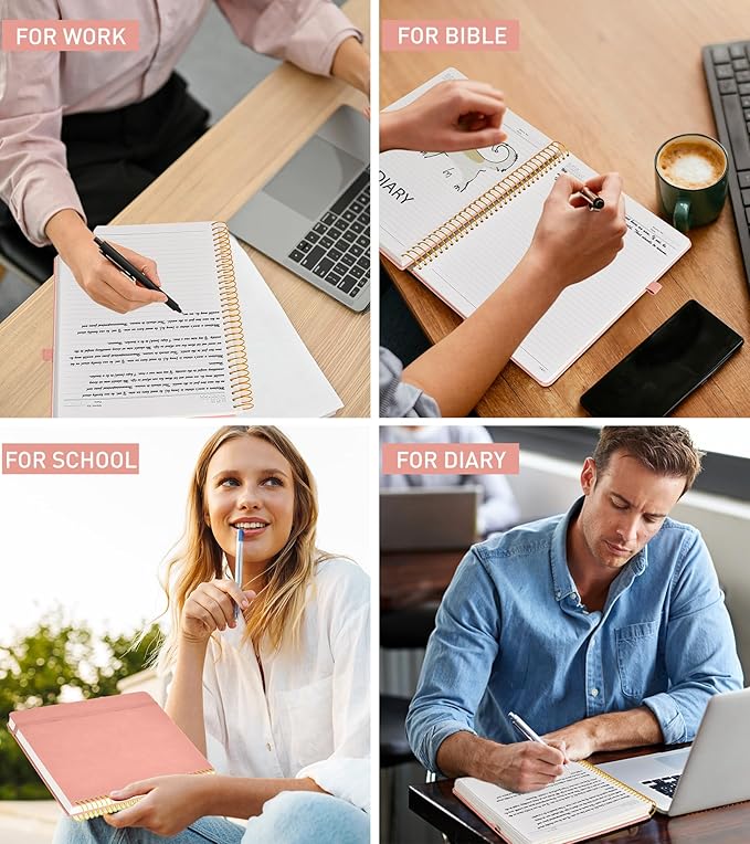 A4 Spiral Notebook Journal 8.5” x 11”, 256 Numbered Pages Hardcover Leather Journals for Women Men, Large Lined College Ruled Notebooks, 100GSM Thick Paper, Spiral Bound Journal for Work School, Pink