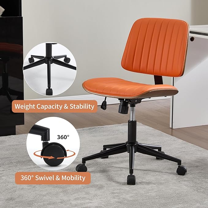 Small Home Office Chair - Armless Mid Back Desk Chair with 360° Swivel and Wheels, PU Upholstered Height Adjustable Modern Walnut Computer Chair for Home, Office Meeting Room - Orange