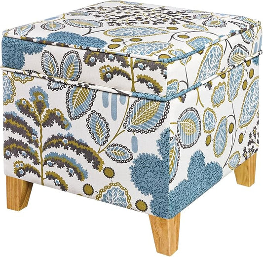 Adeco 18 Inch High Cube Ottoman Storage, Linen Chair Foot Stools, Upholstered Vanity Stool with Hinged Lid, Solid Wood Legs (Blue Leaves)