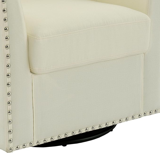 UIXE 360° Swivel Barrel Accent Chair Set of 2, Modern Upholstered Arm Chair Round Club Armchair, Nailhead Trim Single Sofa Seating in Fabric for Living Room - White