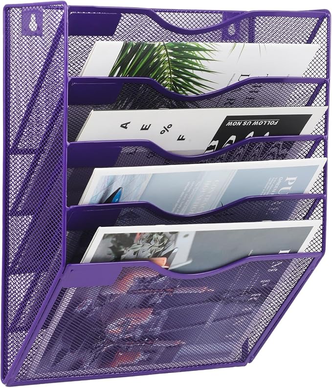 EASEPRES 5 Pocket Mesh Hanging Wall File Organizer, Wall Mounted Mail Paper Document Folder Holder, Clipboard Storage Organization Magazine Rack with Nametag Label for Office Home School, Purple