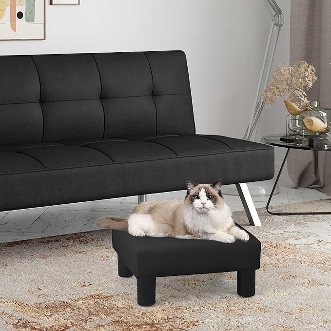 Joveco Small Footstool Ottoman, PU Leather Square Upholstered Footrest with Plastic Legs, Under Desk Foot Stools for Living Room Bedroom Office, Black