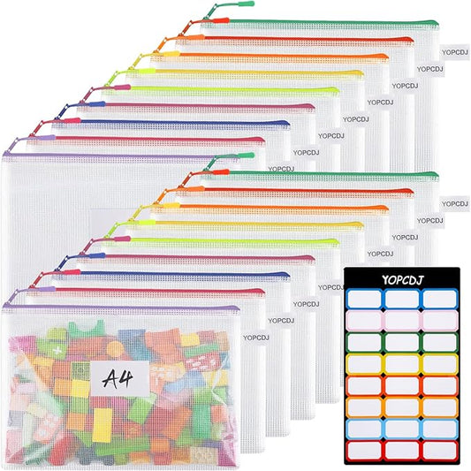18 Pack A4 Mesh zipper pouch bags, Zipper Bags with Label Pocket,Zipper Pouches of office supplies,File Bags for Classroom Organization,Puzzles, Board Game Storage
