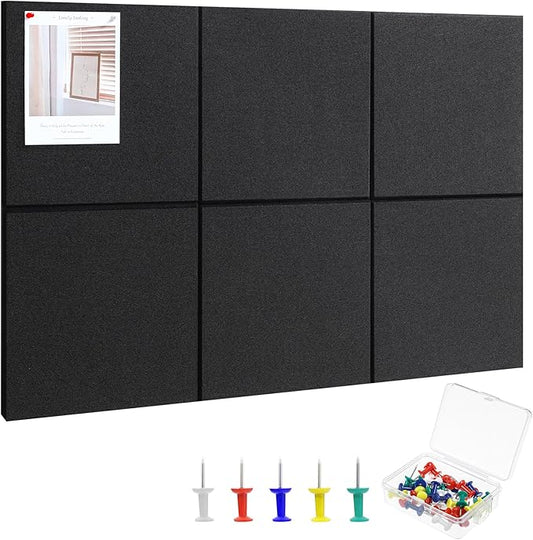 Large Cork Board 36" x 24", 6 Pack Felt Wall Tiles with 30 Pcs Pushpins, Bulletin Board with Removable Self-Adhesive Strips, Pin Boards Cork Boards for Walls Office Home Classroom Decor-Black