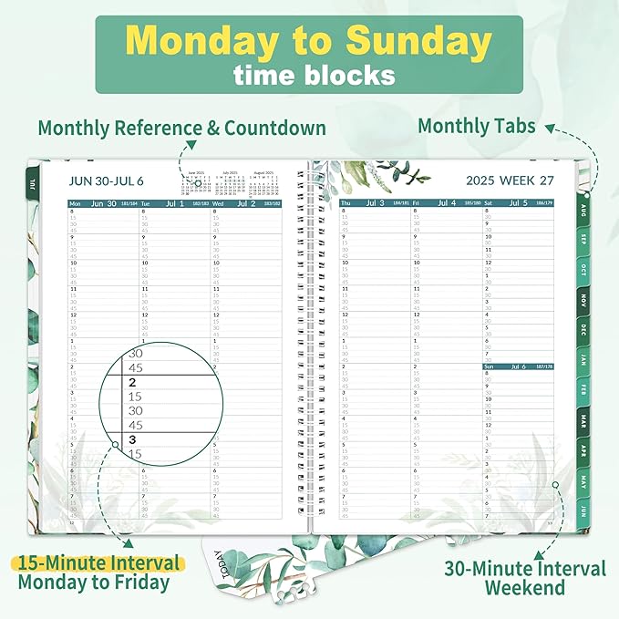 SUNEE 2025-2026 Appointment Book, Quarter-Hourly, Weekly & Monthly - from July 2025 to June 2026, 8.5"x11" Academic Planner, Flexible Cover, Note Pages, Bookmark, Spiral Binding, Leaves