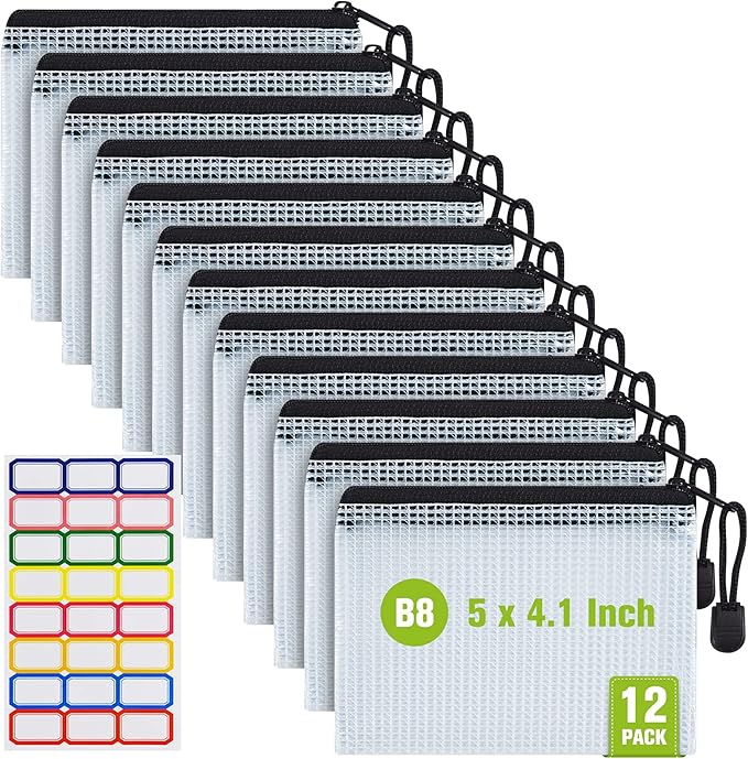 12 Pcs Plastic Mesh Zip File Bags, Waterproof Tear-Resistant Document File Folders, B8 Size Zipper Documents Pouch Document Organizer Bags for School Office Home Travel Storage(5×4.1 Inch)