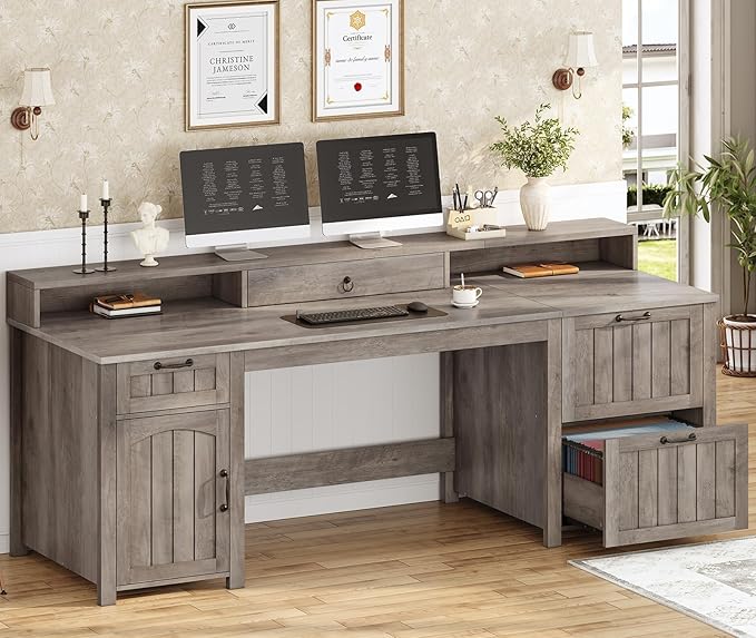 SEDETA Farmhouse 63" Executive Desk, Wood Computer Desk with Drawers and Storage Cabinet, Home Office Desk with File Drawer and Monitor Stand, Wood Desk for Work Study Writing, Grey