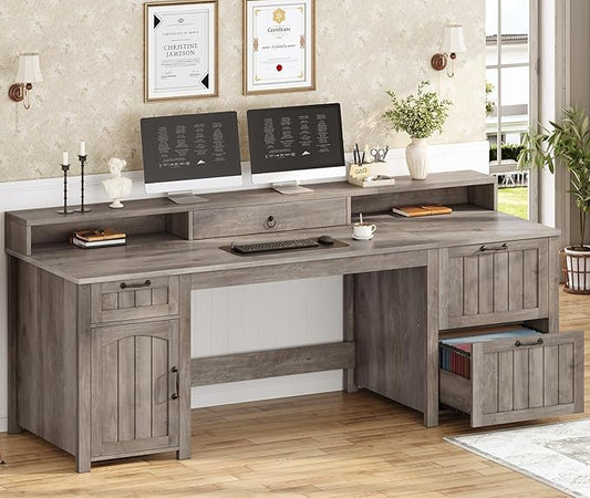 SEDETA Farmhouse 63" Executive Desk, Wood Computer Desk with Drawers and Storage Cabinet, Home Office Desk with File Drawer and Monitor Stand, Wood Desk for Work Study Writing, Grey