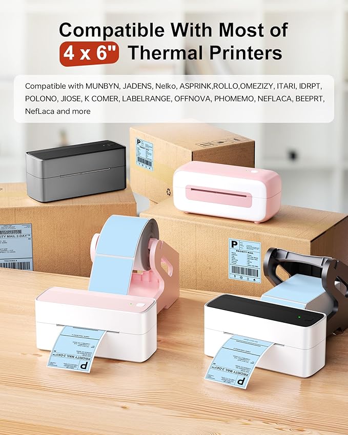 Phomemo 4x6 Thermal Labels for Shipping Label Printer - 500PCS Blue Mailing Labels - 4x6 Direct Thermal Label Fanfold Compatible with Rollo,MUNBYN,JADENS,POLONO,Nelko - Water/Oilproof - NO BPA/BPS