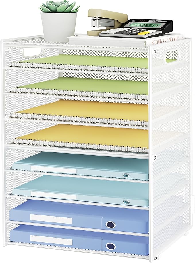 SUBEKYU 9 Tier Paper Letter Tray Desk Organizer with Handles - White Metal Mesh File Holder Paper Sorter Desk Organizer for Office Home School, Include 6 Pcs Adjustable Slid Tray, 6 Colors Available
