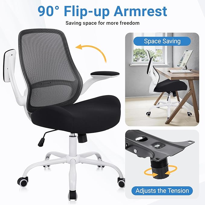 HYLONE Heavy Duty Office Chair, 5" Thickened Seat Ergonomic Desk Chair with Adjustable Armrests, Home Office Computer Chairs for Long Hours Mesh Executive Chair(White Base & Black)