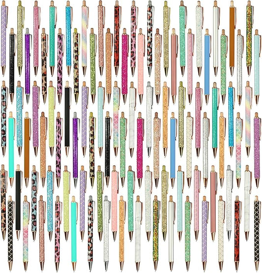 100 Pcs Fancy Pens Bulk Pretty Cute Glitter Ballpoint Sparkly Metal Pens Black Journaling Ink Pen Medium Point 1.0 mm for Women Nurse Teacher School Office Graduation Gift