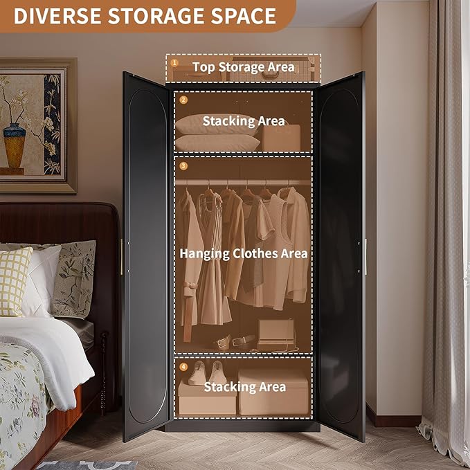 Metal Armoire Wardrobe Closet with Doors and Shelves, 71" Tall Wardrobe Closet with Hanging Rod, Freestanding Clothes Cabinets, Large Wardrobes for Bedroom, Black, Assembly Required
