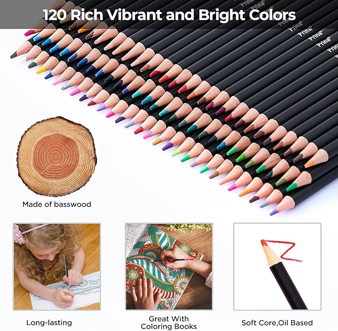 PRINA Art Supplies 120 Colors Colored Pencils Set for Adults Coloring Books with Sketchbook, Professional Vibrant Artists Coloring Pencils for Drawing Sketching Blending Shading, Soft Core Oil Based