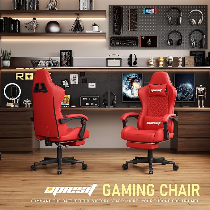 Gaming Chair,Ergonomic Computer Chairs for Adults with Footrest, PU Leather Office Chair with Adjustable Lumbar Support & Pocket Spring Cushion - Heavy Duty 400lb Capacity Gamer Chair (Red)