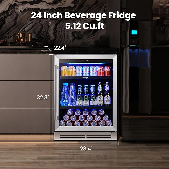 Yeego Beverage Refrigerator Cooler - 24 inch 180 Cans Mini Fridge with Glass Door, 34-54 ℉ Under Counter Refrigerator Built-in for Wine Beer Soda for Bar Bedroom Office
