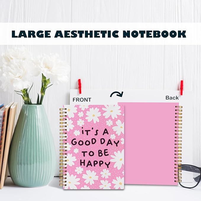 BearCake It's A Good Day To Be Happy Inspirational Notebooks, Cute Notebooks, Pink Aesthetic Notebook, Floral Notebook, Pink Office Supplies, Hardcover Spiral Notebook 5.5x8.3