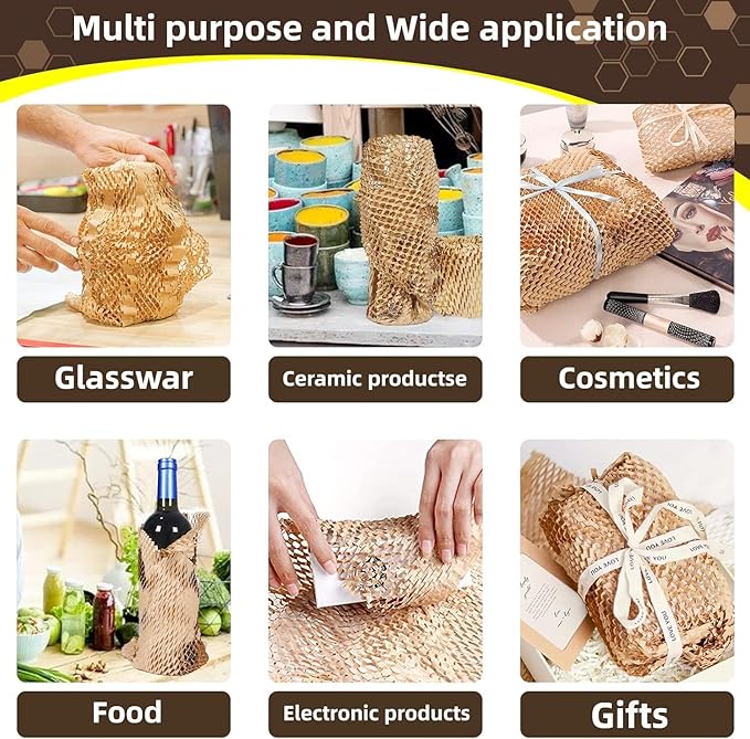 Honeycomb Packing Paper Wrap 12"x200' Sustainable Alternative to Bubble Wrap for Moving Shipping/Gift, Biodegradable & Fully Recyclable Bubble Paper Wrapping with 20 Fragile Sticker…