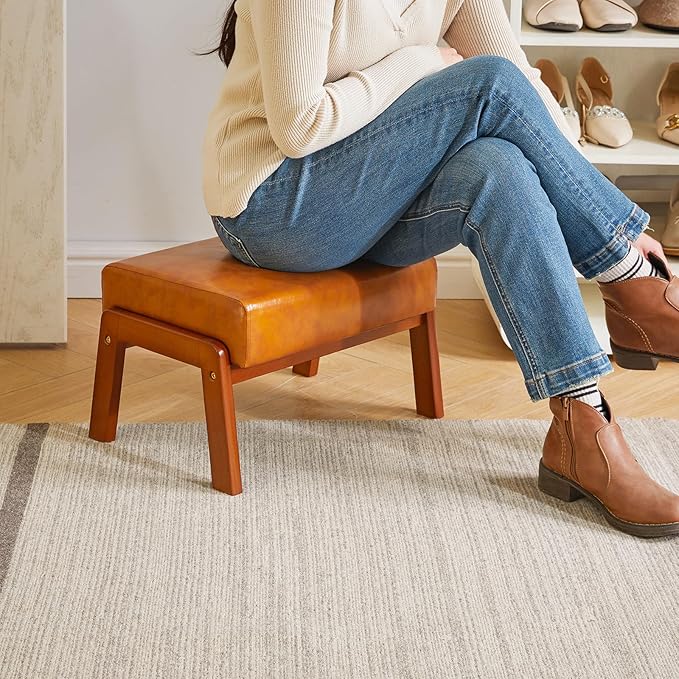 IBUYKE 10.2” H Small Foot Stool Ottoman, Rectangle PU Faux Leather Foot Rest with Padded Seat and Wood Legs, Modern Ottoman Foot Rest for Living Room Bedroom Couch Office, Yellowish-Brown WBD013J