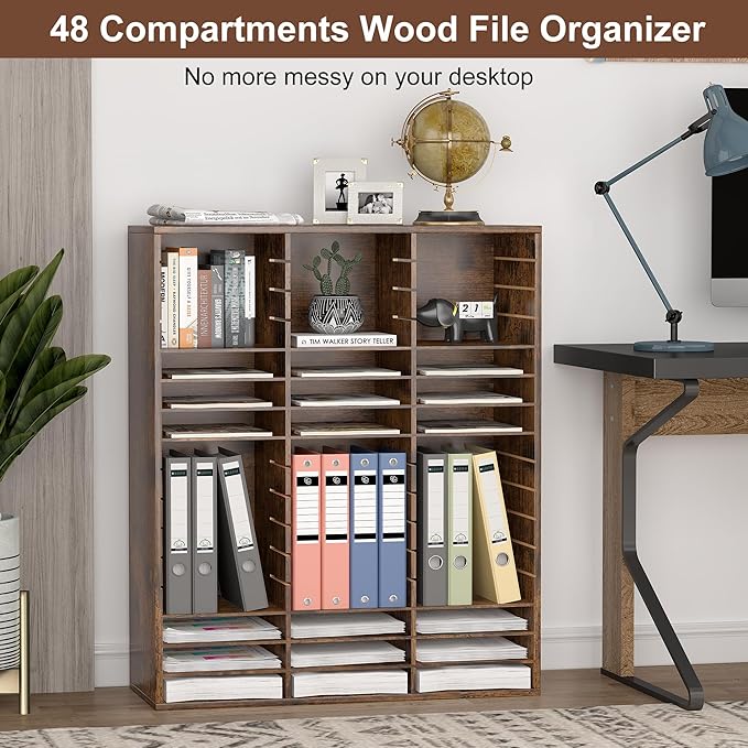 EasyPAG Mail Organizer Countertop, Wood Literature Organizer with Adjustable Shelves, Student Classroom Mailbox for School, Desktop Paper Sorter for Office Home, 48 Compartments, Archaize
