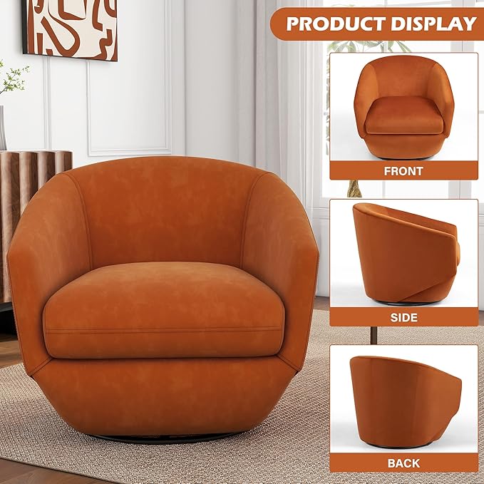 UIXE Velvet Swivel Accent Chairs Set of 2, Barrel Chair Upholstered Club Armchair for Living Room, Comfy Single Sofa Bedroom Side Reading Seat - Orange