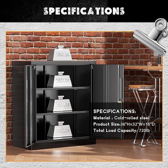 Greenvelly Metal Garage Storage Cabinet,36" Black Lockable Metal Cabinets with 2 Doors and Shelves,Storage Locking Counter Cabinet for Home Office,Garage,Kitchen,School