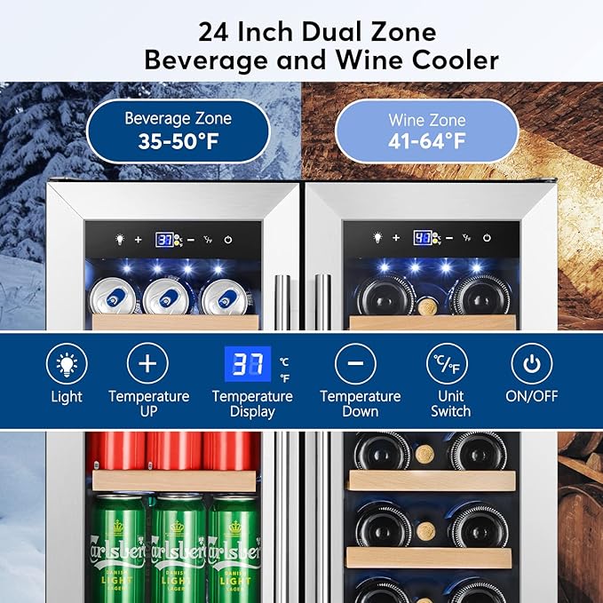 Tylza Upgraded Wine and Beverage Refrigerator 24 Inch, Dual Zone Wine Beverage Cooler with French Door, Under Counter Wine Beer Fridge Built-In or Freestanding, Holds 20 Bottles and 88 Cans TYBC120-3