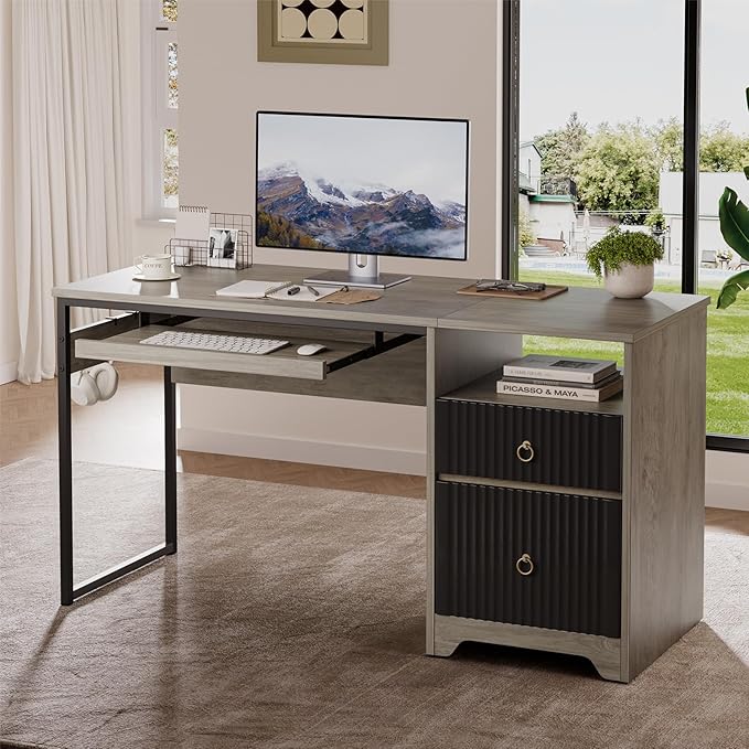 Bestier 55 Inch Computer Desk with Keyboard Tray, Modern Office Desk with Storage, Wood Writing Desk with File Drawer, Fluted Panel & 2 Hooks for Home Office & Studio, Grey
