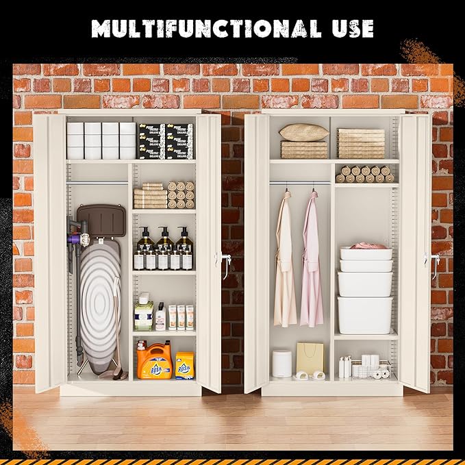 Greenvelly Metal Storage Cabinet with 2 Doors, Grey 72” Steel Storage Wardrobe Cabinet, Employees Locker Closet Clothing Coat Steel Wardrobe Cabinet with Hanging Rod for Garage, Gym, Home Office