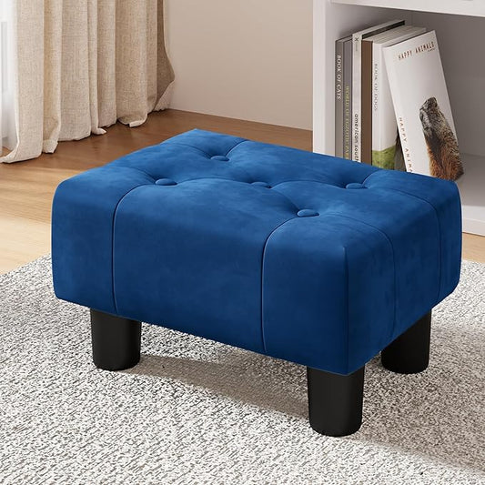 LUE BONA Small Tufted Foot Stool, Velvet Ottoman Elegant Foot Stools Ottoman with Plastic Legs, 9''H, Rectangle Footstool for Adult with Non-Slip Pads,Foot Rest for Living Room,Couch, Navy Blue