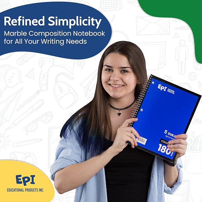 EPI Spiral Notebook | 5 Subject - College Ruled - 180 Sheets, Durable Spiral Binding | 10.5 x 8 in | Classroom Supplies | School, Office, Note Taking, Journaling - 3 Pack