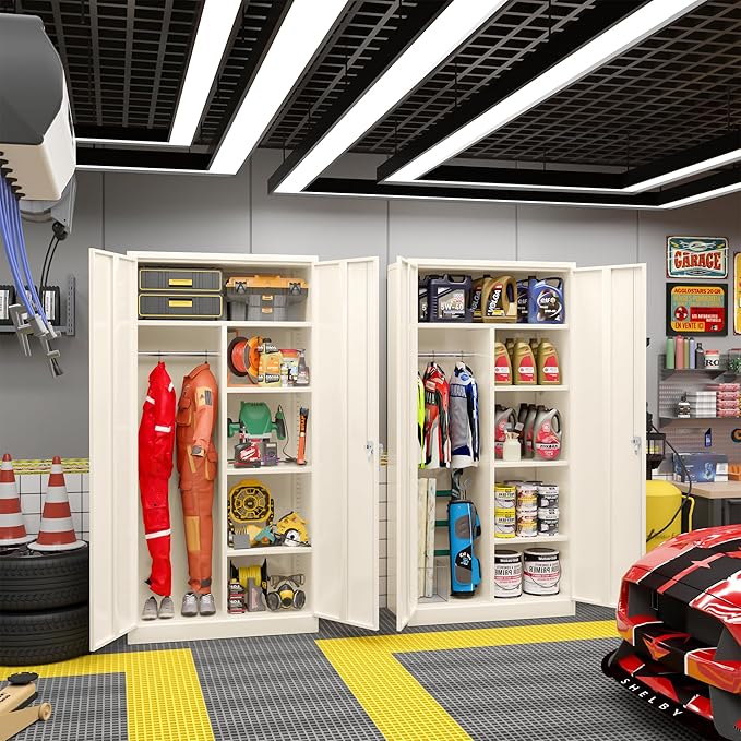 Greenvelly Metal Storage Cabinet with 2 Doors, Grey 72” Steel Storage Wardrobe Cabinet, Employees Locker Closet Clothing Coat Steel Wardrobe Cabinet with Hanging Rod for Garage, Gym, Home Office