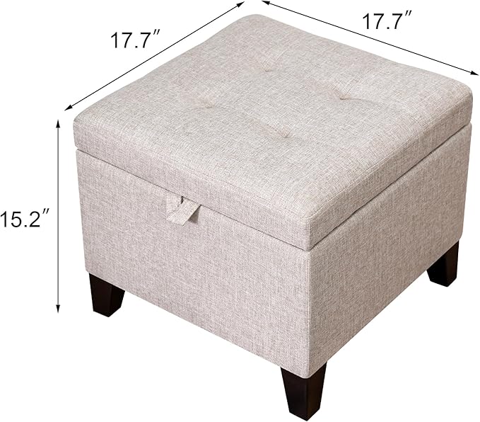 Adeco 18 Inch High Cube Ottoman Storage, Linen Chair Foot Stools, Upholstered Vanity Stool with Hinged Lid, Solid Wood Legs (Beige Grey)