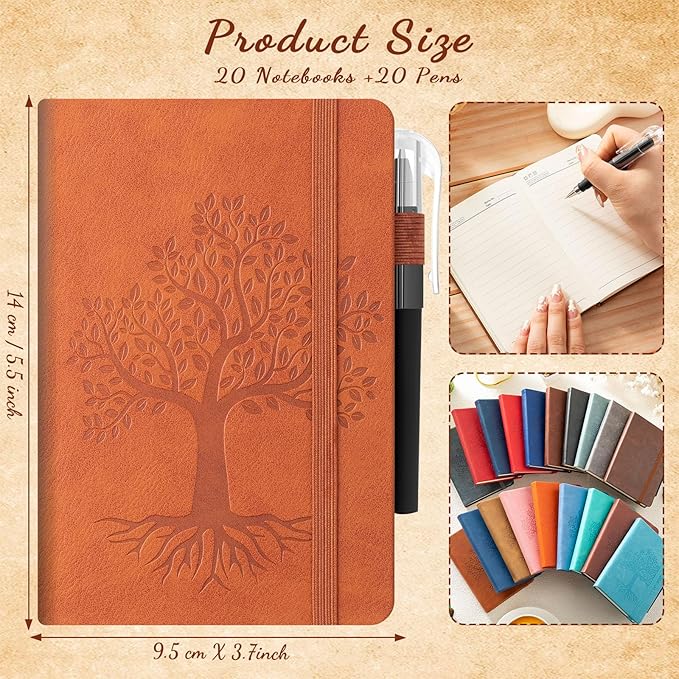 Estune Tree Small Notebooks Pen Leather Lined Pocket Subject Notebooks Hardcover Pocket Notepad Cute Ruled Leather Journals with Pen Holder for Men Women School Business, A6(Classic Color,20 Set)