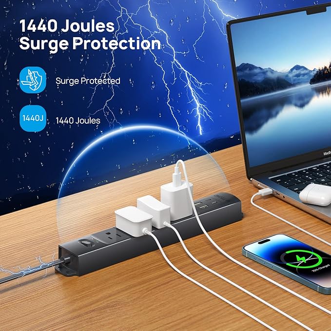 TROND Flat Plug Power Strip USB-5ft Flat Extension Cord Surge Protector Wall Mount, 2 Type C & 2 USB A Ports with Multiple Outlets, 1440J, 1625W for Office Supplies Dorm Room Essentials, Black