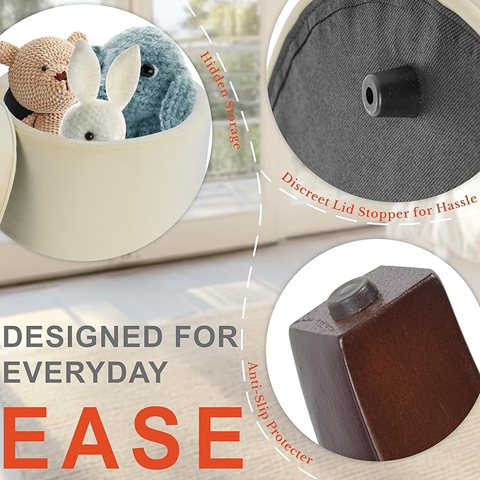 Homepop Home Decor | Upholstered Round Velvet Tufted Foot Rest Ottoman | Ottoman with Storage for Living Room & Bedroom | Decorative Home Furniture, Cream