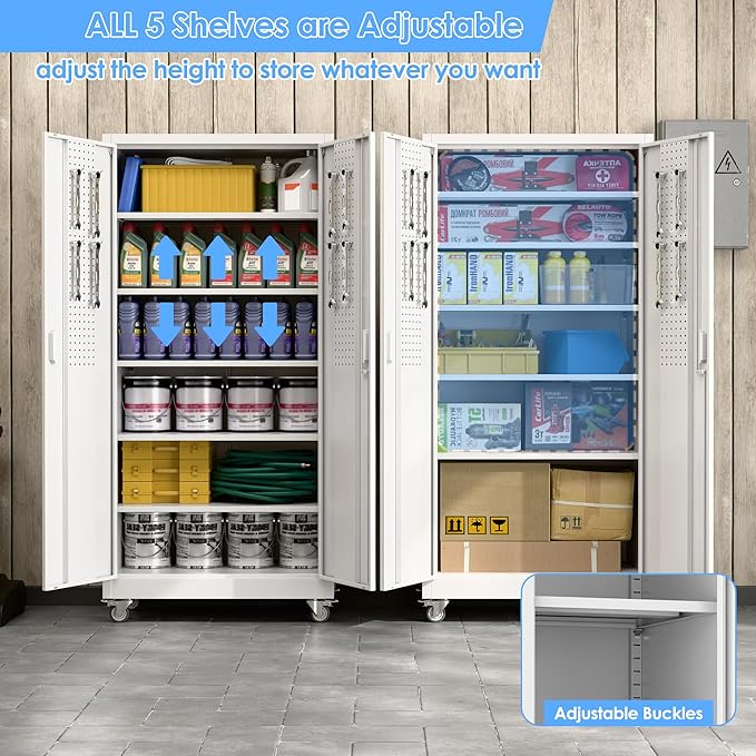 Aobabo Upgraded Garage Storage Cabinets with Wheels,Metal Storage Cabinets with 5 Adjustable Shelves for Garage Home Office Storage, White,71''H*32''W*16''D,Assembly Required