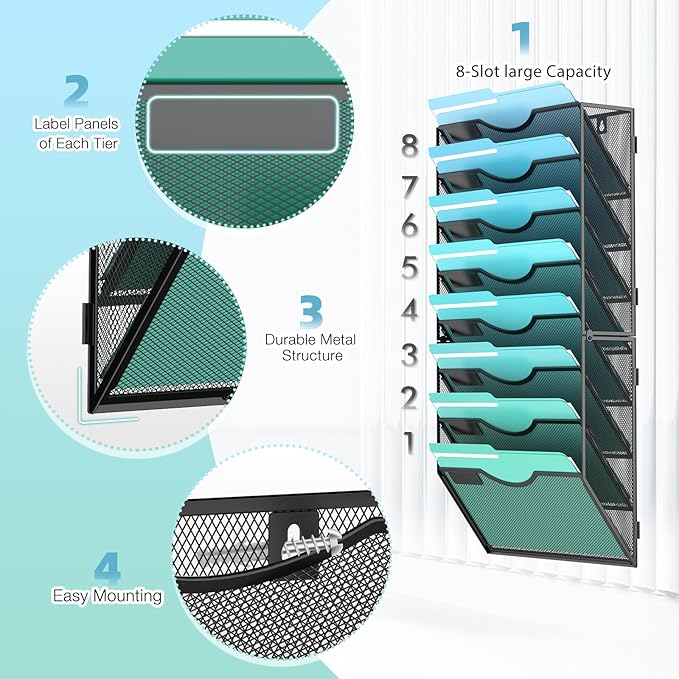 8-Tier Wall File Organizer Hanging Wall File Holder Wall Mount Paper Folder Organize, Mesh Magazine Document Mail Organizer Wall Organizer for Office School Home, Black