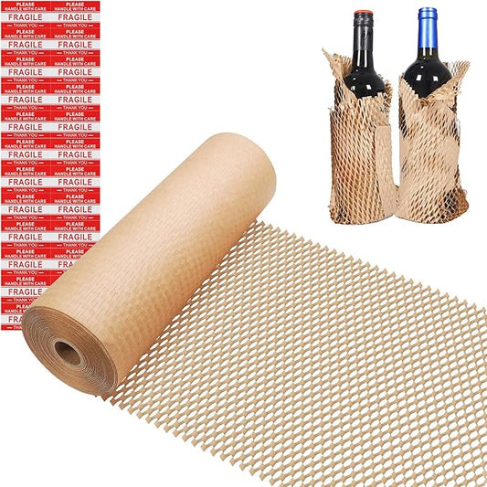 Honeycomb Packing Paper Wrap 12"x100' Sustainable Alternative to Bubble Wrap for Moving Shipping/Gift, Biodegradable & Fully Recyclable Bubble Paper Wrapping with 20 Fragile Sticker……